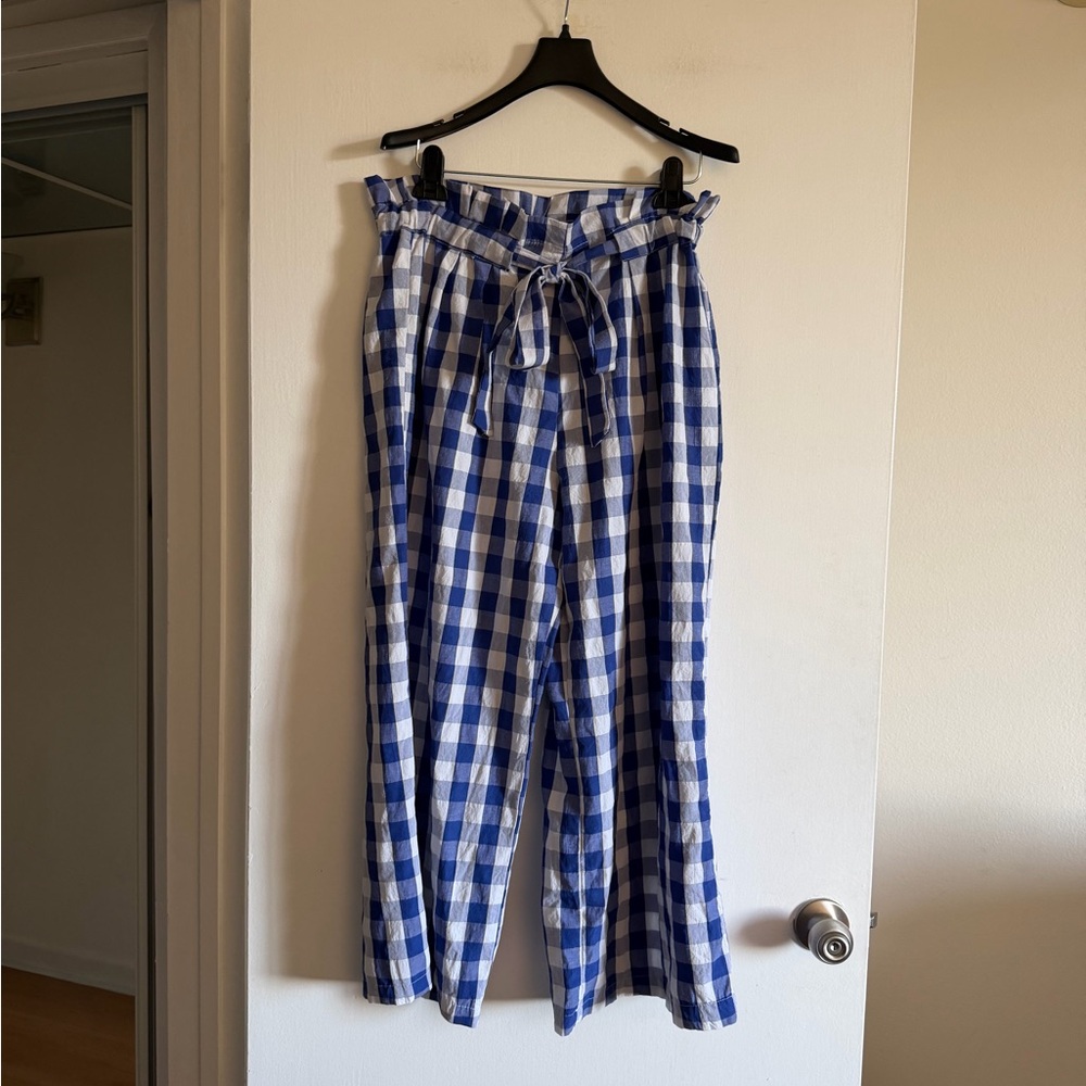 Joie Blue/White Gingham Wide Leg Paperbag Tie Waist Pants size Large EUC - Picture 2 of 4